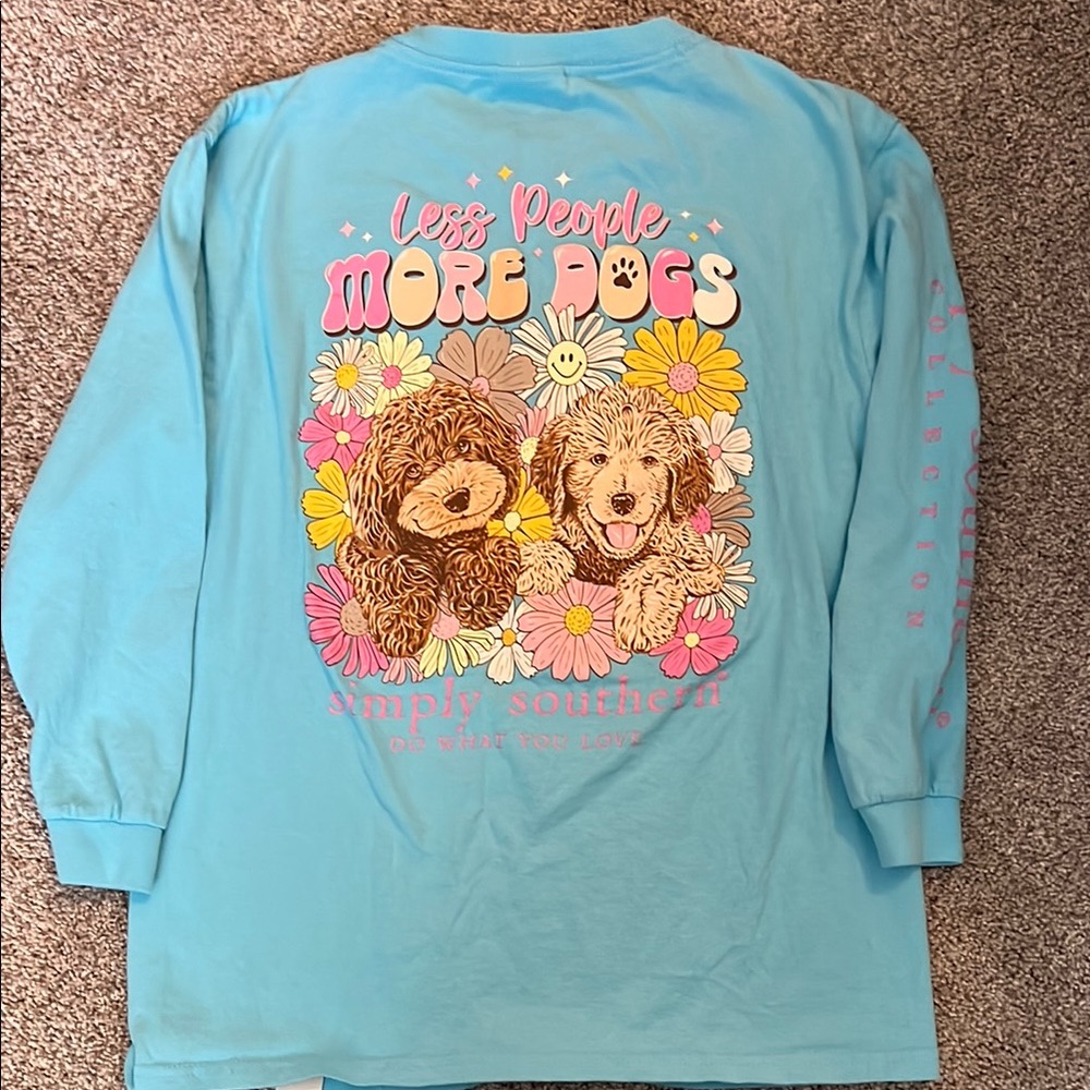 Simply Southern Vibrant Blue Long Sleeve Shirt with Fun Dog Print, Youth Medium
